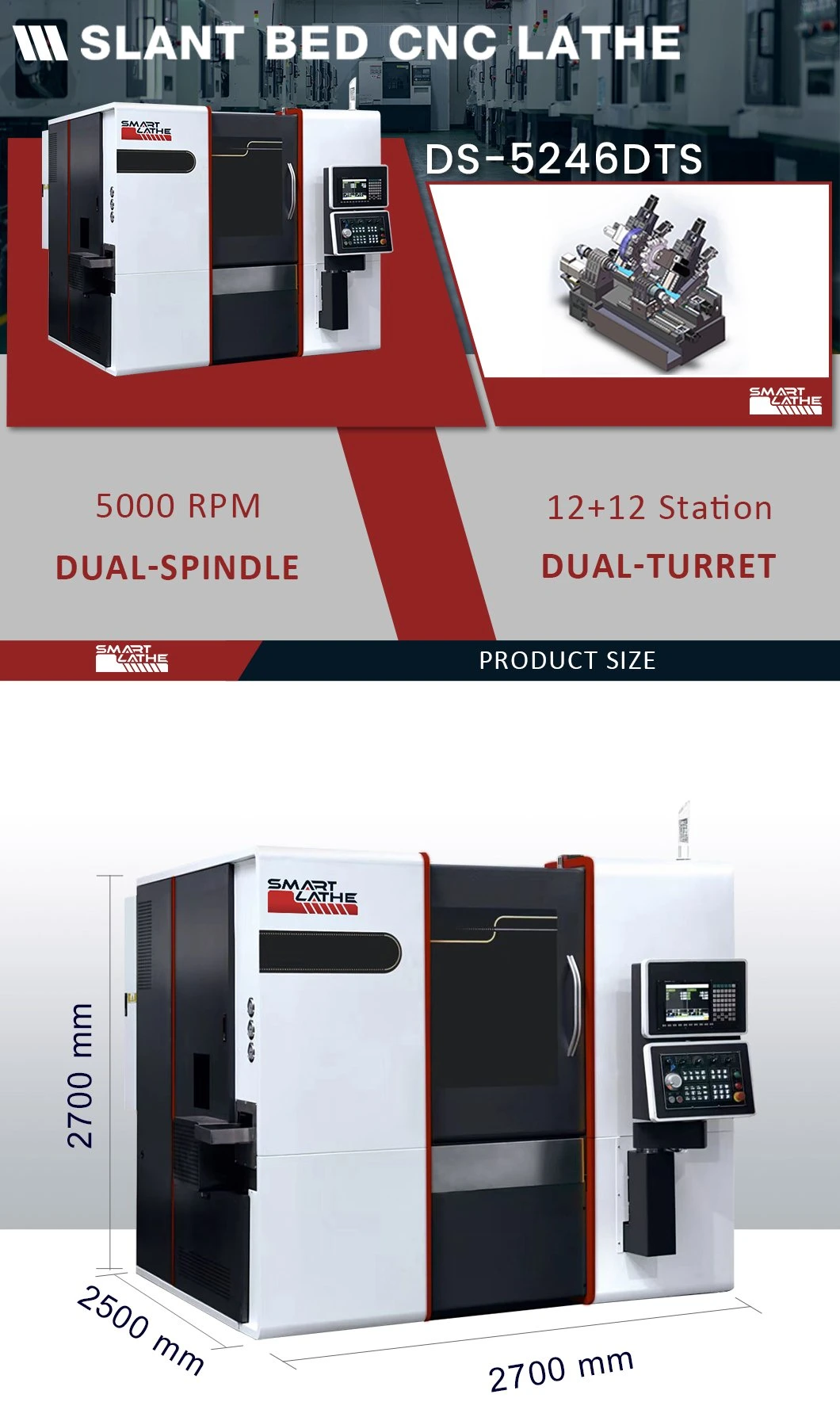 Smartlathe Torno CNC High Precision Slant Bed CNC Bench Lathes Electric Turret Dual Spindle CNC Lathe